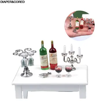 1Set Miniatiūriniai Priedai Mini Raudonas Vynas Žvakidė Vyno Taurės Modelis Doll House Dekoro 1/12 Lėlių namelis