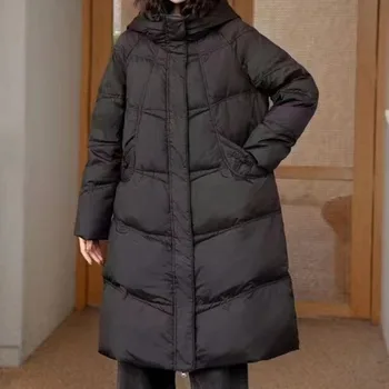 2023 Naujų Moteris Žemyn Striukė Žiemos paltai Baltųjų ančių pūkais vidutinio ilgio Parkas gobtuvu žemyn Outwear Didelis baggy kišenės Paltas