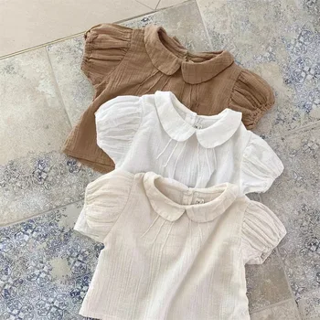 2023 Vasaros New Baby Girl Kietas Sluoksniuotos Rankovėmis Marškinėliai Medvilnės Kūdikiams Trumpomis Rankovėmis T Shirts Bamblys Atsitiktinis Atvartas Marškinėliai Vaikams Drabužių