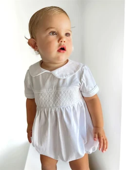 2024 m. Vasaros Drabužius Kūdikiams, Mergaitėms, Vaikams Boutique Dizainas Baltas Smocked Rompers Vaikams, Elegantiškas Medvilnės Bodysuit Kūdikių Playwear