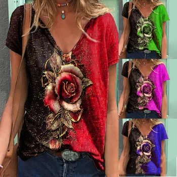 3D Rožių Gėlių Spausdinti Moterų Marškinėliai 2023 Naujas Vasaros Atsitiktinis trumpomis Rankovėmis V-Kaklo, Laisvi Viršūnes Ponios Drabužiai