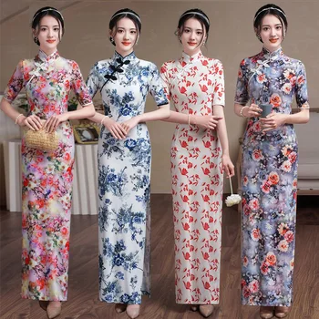 4 Spalvų Moterys Naujų Gėlių Cheongsam Ilga Suknelė Plius Dydis Moterų Derliaus Qipao Elegantiškas Pusę Rankovės Vakaro Suknelės S-5XL