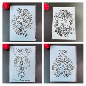 4pcs /set A4 Mandala Trafaretai, Dažymas Dažymas Įspaudas užrašų knygelė Albumą Dekoratyvinis Šabloną tortas trafaretas gėlių vaza