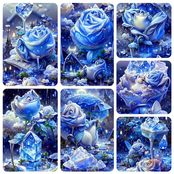 5D Fantasy Crystal Blue Rose Kraštovaizdžio Kryželiu Diamond Tapyba 
