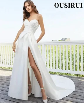 A-Line Bridal Suknelės Rankovių Derliaus Paprastas Baltas Prabangių Vestuvių Suknelės Naujas Stebėjimo Satino Backless Vestidos De Novia