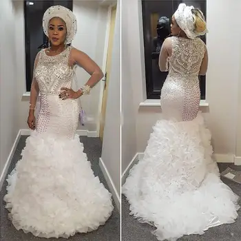 Afrikos Nigerija Undinė Vestuvių Suknelės Plius Dydžio Perlas Kaklo Bling Kristalų Zawalcowany Organza Ruffles Pakopų Užsakymą Oficialią Vestuvių