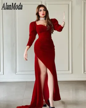 Arabų Dubajus Raudona Vakaro Suknelės Ilgomis Rankovėmis Aksomo Undinė Prom Chalatai Aukštos Padalinta Ypatinga Proga-Šalis Suknelė
