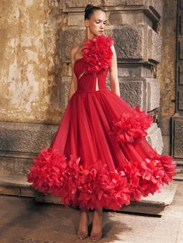 Aukštos Klasės Šalis Suknelė Moterims Raudona Vieną Petį Appliques Tinklinio Kamuolys Kostiumas Elegantiškas Ponios Gimtadienio Įžymybė Vakare Spalvingas Suknelė