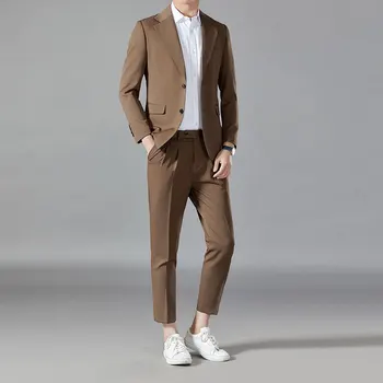 Aukštos kokybės Verslo Kostiumas (kostiumas + Vakarų Kelnės) Naujas Mados Atsitiktinis Britų Stiliaus Slim Fit vyriški Suknelė Plonas Kombinezonas Dviejų dalių Komplektas