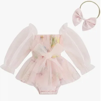 Baby Girl Dress Bowknot Sluoksniuotos Rankovėmis Sluoksnių Tiulio Tutu Bodysuit Onesie Lankelis Princesė Romper Suknelė