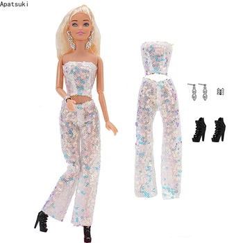 Balta China Viršuje Kelnės Drabužių Rinkinys Barbie Lėlės, Komplektai, Juodi Batai Bangle Auskarai 1/6 BJD Lėlės Reikmenys, Žaislai