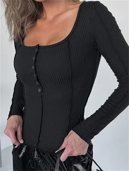 CHRONSTYLE Moterys ilgomis Rankovėmis Briaunoti marškinėliai Kieto Spalvų Slim Fit Mygtuką Iki Pagrindinio Tees Viršūnes Atsitiktinis Megztinis Rudenį Streetwear 2023