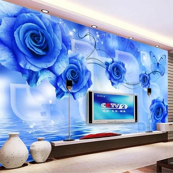 Custom 3D Sienos Tapetai, Freskos Šiuolaikinės Mėlynos Rožės, Gėlės Atspindys Sienų Tapyba Kambarį TV, Sofa Namų Dekoro Papel De Parede