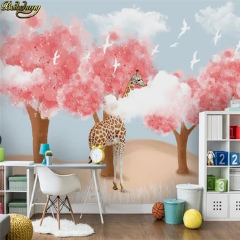 Custom 3d tapetai, freskos Šiaurės minimalistinio rankomis dažyti miškai žirafa, mėlynas dangus, balti debesys vaikų kambario sienos fone