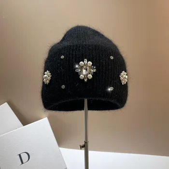 Dizaineris Prekės Moterų, Prabangos Cirkonio Megzti Skrybėlę Rudens Žiemos Triušio Kailio Beanie Kepurė Moteriška Tirštėti Šiltas Skullies Kepurės
