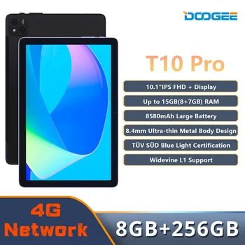 DOOGEE T10 Pro Tablet 8GB+256 GB 10.1 FHD Ekranas TÜV SÜD Sertifikuotas 8580mAh 8.4 mm Metalinis korpusas 13MP Pagrindinė Kamera Paramos Widevine L1