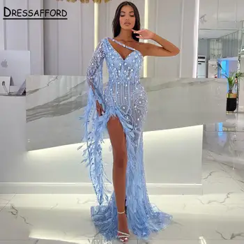 Elegantiškas Dubajus Vieną Petį Vakaro Suknelė Moterims 2023 Turkis Aukštos Split Luxury Zawalcowany Ilgai Oficialų Prom Chalatai Vestuvės