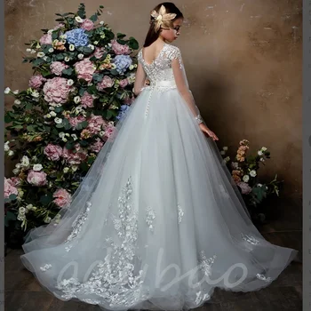 Elegantiškas Gėlių Mergaitės Suknelė Vestuvių Aplikacijos Tiulio Purus Grindų Ilgis Kamuolys Suknelė Pirmoji Komunija Inscenizacija Šalis Princesė Suknelė