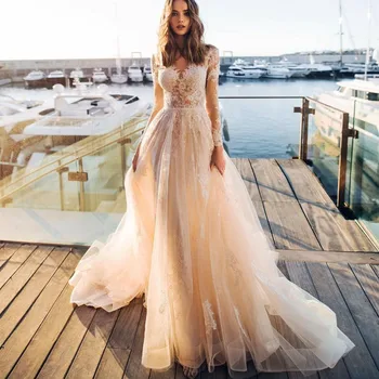 Elegantiškas ilgomis Rankovėmis Šampano Nėrinių Vestuvių Suknelės-Line Šlyties Tiulio Valymo Traukinio Vestuvinės Suknelės su Mygtukais Moterims