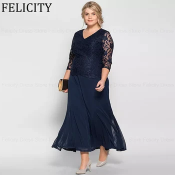 Elegantiškas Plius Dydis Motina Nuotakos Suknelės 2024-Line V-Kaklo Vestuvių Svečių Suknelės Kulkšnies Ilgis Nėriniais, Šifono Vakaro Suknelės