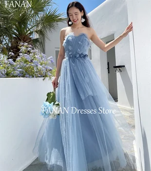 FANAN Mėlyna Vakare Šalis Suknelės Mados Stebėjimo Rankovių Korėja Paprasta Gėlės Vestuvių Moterų Oficialią Chalatai Atveju Prom Chalatai