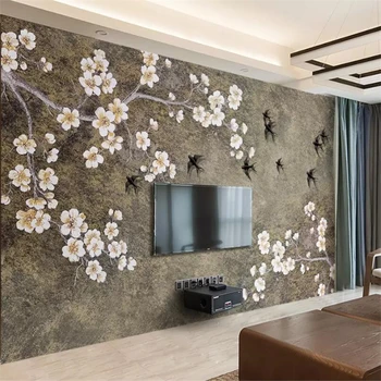 Individualizuotos fono paveikslėlį 3d freskomis Kinijos retro stiliaus naujasis Kinijos slyvų kregždė, TV foną, sienos popieriaus kambarį Viešbutyje 3d piešiniai