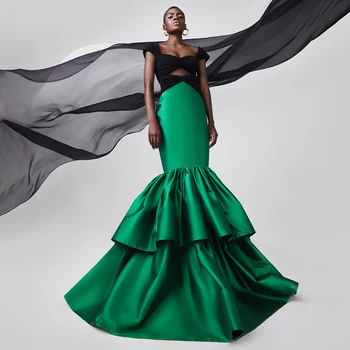 Išskirtinį Vakarą Suknelė Undinė Iškirpti Brangioji Bžūp Rankovėmis Vakare Chalatai Black Green Satino Trimitas Moterų Prom Šalis Suknelė