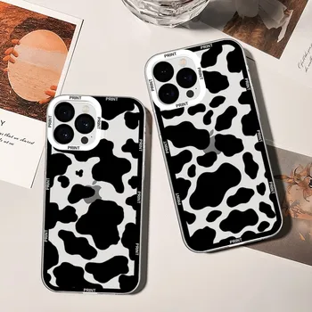 Juoda balta karvė spausdinti Telefono dėklas Skirtas iPhone 11 12 Mini Pro 13 14 Max Skaidri Korpuso