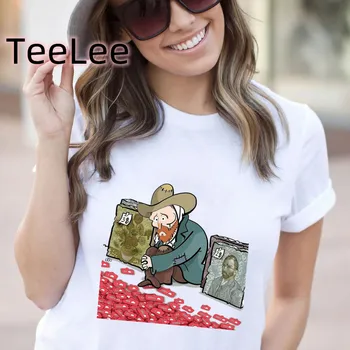 Juokinga Van Gogh Harajuku Estetinės Spausdinti animaciją Ponios T-shirt atsitiktinis pagrindai O-apykakle balti marškiniai trumpomis rankovėmis Moterims T-shirt