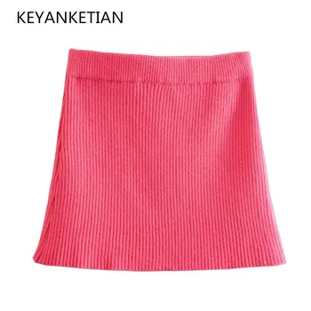 KEYANKETIAN pavasarį naują moterų rose red paaukštintu liemeniu megzti pusė sijonas mados all-in-one elastinga stora maišelį klubo mini sijonas