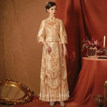 Kinų Stiliaus Šampanas Xiuhe Kostiumas Moterims Aukštos Kokybės Qipao Suknelė Vestuvės Tradicinės Cheongsam Suknelė Taurę Drabužiai