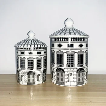 Klasikinės Juoda ir Balta Architektūros Modelis Keramikos Laikymo Indelį su Dangteliu Porceliano Dekoravimo Jar Žvakė Butelis Namų Dekoro