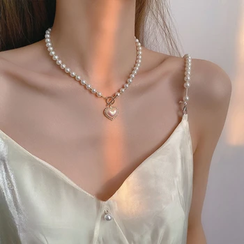 Korėjos Stiliaus Elegantišką Perlų Karoliai Karoliukai Moterų Ponios Mados Kristalų Shell Širdies Nepriklausomo Karoliai Madinga Papuošalai