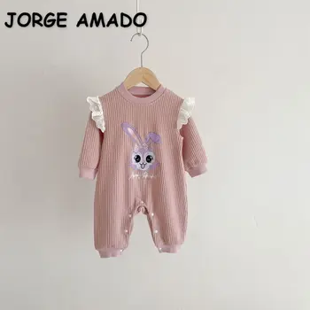 Korėjos Stiliaus Naujas Pavasario Rudens Baby Girl Berniukas Romper Ilgas Rankovėmis Varpo Pink Rabbit Apvalios Apykaklės Jumpsuit Kūdikių Drabužiai E23114