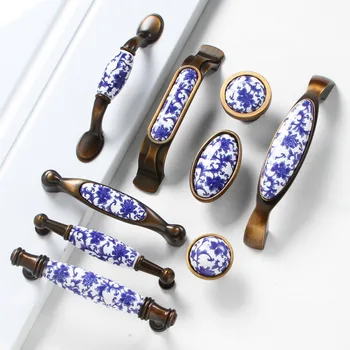 Mados kūrybos Mėlynos keraminės Baldų rankenėlės Bronzos stalčių Spintelės traukti Antikvariniai žalvaris Balta Mėlyna porceliano Spintos rankenos