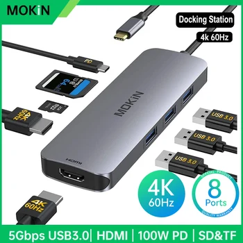 MOKiN Dual HDMI Adapteris usb c docking station su SD/TF kortelės skaitytuvas,RJ45,USB,Garso,100W PD 