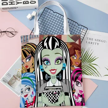 Moteris Maišo Monster High Anime ShopperBags Daugkartinio naudojimo Rankinės Didelės Talpos Derliaus Pečių Maišą Lininis Audinys Krepšys 1016WJY