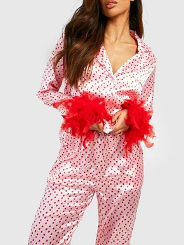 Moterys, Satino, Šilko Pižama Nustatyti Plunksnų Apdaila Lounge Nustato Širdies Spausdinti Marškinėliai Atitikimo Kelnės Valentino Pjs Sleepwear