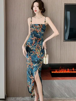Moterų Korėjos Derliaus Gėlių Satino Prabangos Ilga Suknelė Vasarai, Prašmatnus, Elegantiškas Diržas Seksuali Suknelė 2024 Mados Bodycon Vakarėlis Suknelė