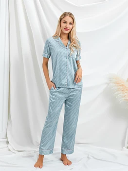 Moterų Ledo Šilko Pižama Lounge Nustatyti Houndstooth Turn-Žemyn Apykaklės Trumpas Rankovės Marškinėliai Viršūnės ir Kelnės 2 Gabalas Loungewear Komplektai