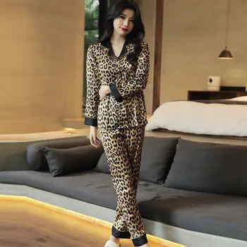 Moterų Leopardas Spausdinti Pižama Minkštas Loungewear Satino Naktiniai Drabužiai, 2 Vnt. Ilgomis Rankovėmis Mygtuką Sleepwear