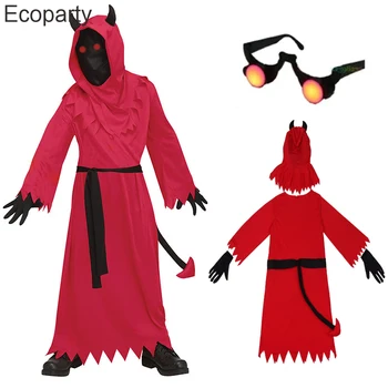 Naujas Halloween Vaikų Siaubo Demonas Dvasios Cosplay Kostiumų Raudona Bullhorn Velnias Bodysuit Šviečiantys Akiniai Berniukas Mirusiųjų Dienos Nustatyti