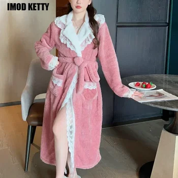 Naujas Žiemos Minkštas Storas Šiltas Korėjos Stiliaus Sleepwear Vonia, Chalatai, Namų Rūbai Flanelė Pižama Moterims, Minkštas Ilgomis Rankovėmis Nakties Skraiste