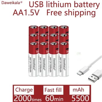 New2022 USB AA Įkraunamos Baterijos 1,5 V 5500 mAh li-ion baterijos nuotolinio valdymo mouseElectric žaislas baterija + Tipo C Kabelio
