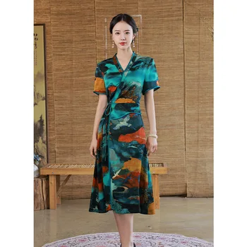 Pagerinti Tradicinės V-Kaklo Trumpomis Rankovėmis Atspausdintas Satino Kelio Ilgis-Line Cheongsam Moterų Kinų Stiliaus Vestuvių Qipao Suknelė