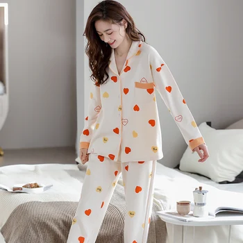 Pavasarį, Rudenį Širdies Spausdinti Pižama Rinkiniai Moterims ilgomis Rankovėmis Sleepwear Kostiumas Grynos Medvilnės Pižamos Moterų Homewear Pijama Mujer 3XL