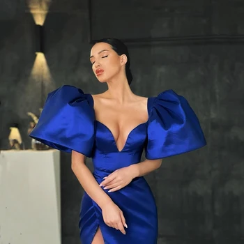 Royal Mėlyna Satino Mados Elegantiška Prom Dresses V Kaklo Sluoksniuotos Rankovėmis Aukštos Padalinta Moterų Vakare Inscenizacija Chalatai, Plius Dydis Užsakymą