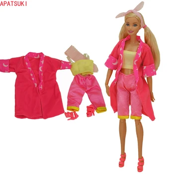 Ryškiai Rožinės spalvos Kostiumas Rinkinys Barbie Lėlės Drabužiai Šviesiai Geltonos Viršūnės Ilgas Kailis Šortai Batai Hairband Komplektus 1/6 BJD Lėlės Priedai