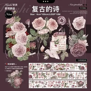 Senovinių Rožių Gėlių Spalvingas Fonas Blizga PET Washi Tape