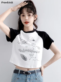 T-marškinėliai Moterims Vasaros Kontrasto Spalvų Kratinys Pasėlių Viršų Spausdinti Visų rungtynių korėjos Stiliaus Streetwear Moksleivės Mados Populiarus Naujas
